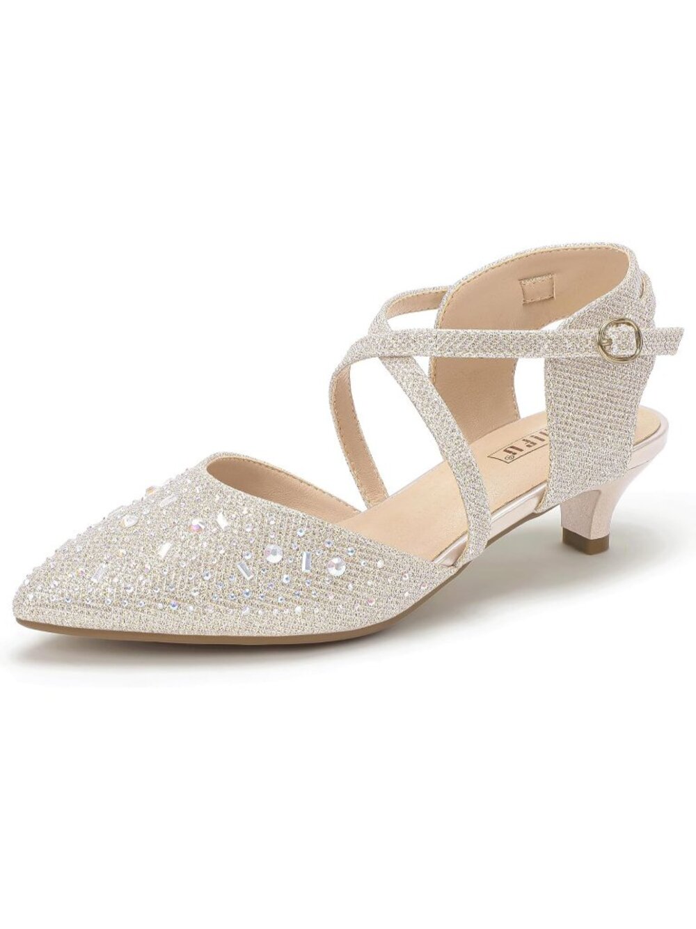 Women's Gold Comfortable Pointed Toe Ankle Strap Kitten Low Heels Pumps Shoes
